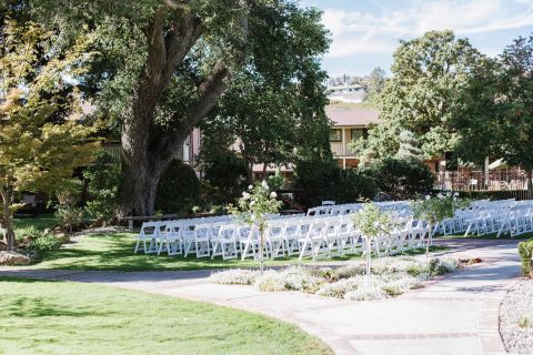 Outdoor garden wedding setup at Paso Robles Inn