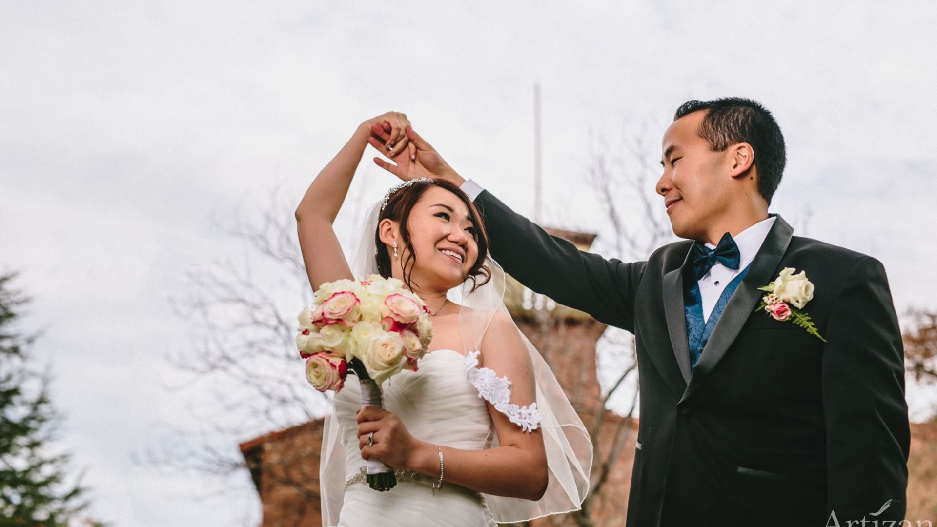 Bride and groom celebrating at Paso Robles Inn wedding venue